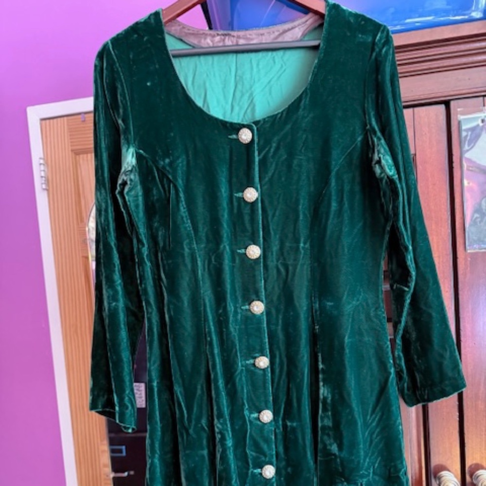 Vintage Betsey Johnson (Unlabeled) Green Velvet Jacket Gold Crystal Buttons SzL